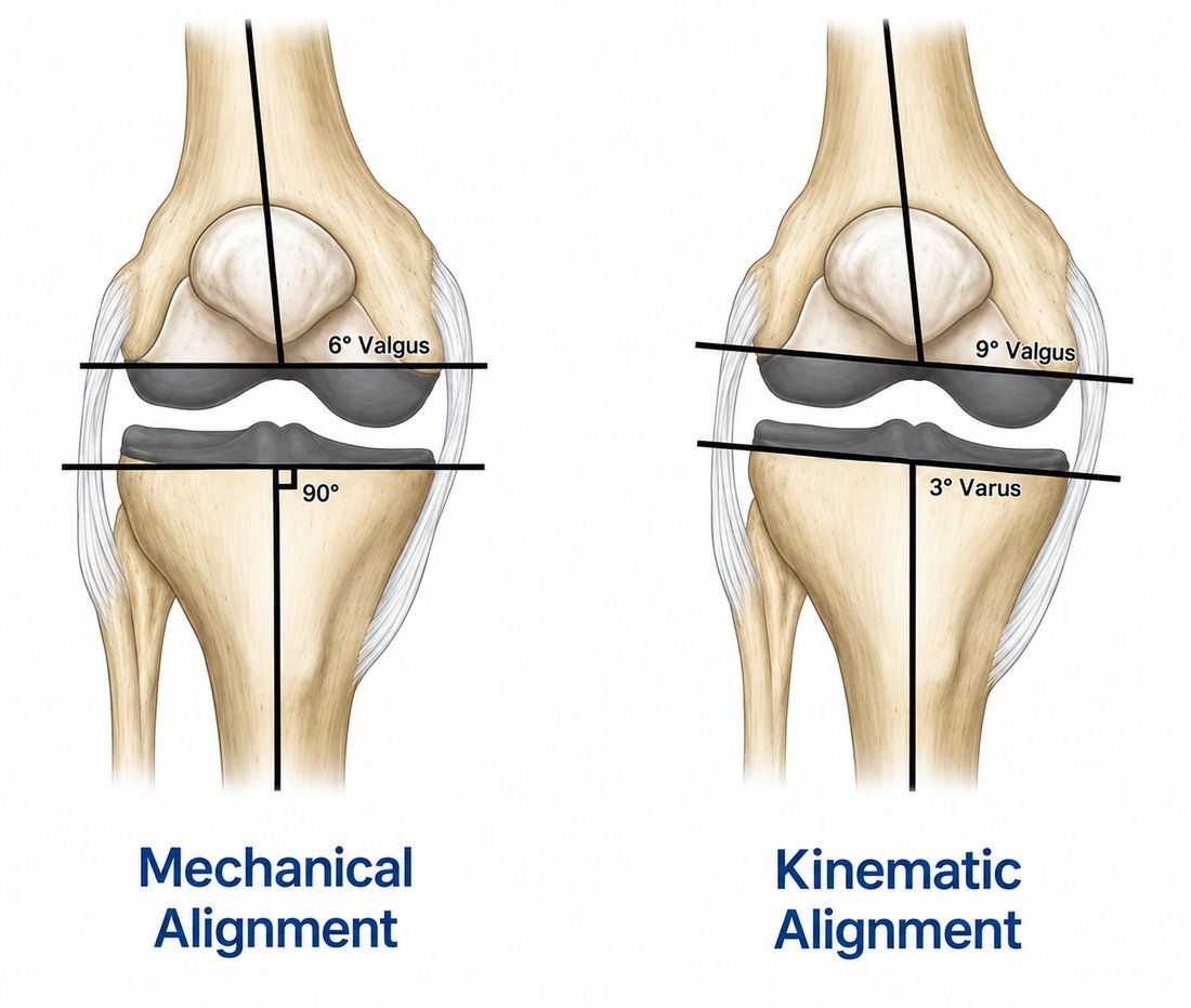 Side-by-side diagrams of a knee joint. Left, mechanical alignment: the implant is set to a uniform target of 6 degrees valgus on the femur and a 90-degree tibial cut for every patient. Right, kinematic alignment: the implant follows the patient's own anatomy, in this example 9 degrees valgus on the femur and 3 degrees varus on the tibia.
